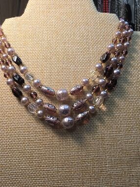 Layered Pink Pearl and Glass Bead Necklace